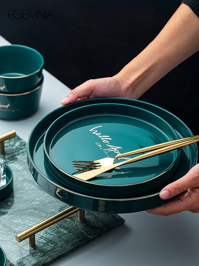 Nordic Dark Green Dinnerware Set Creative European Ceramic Tableware with Bowl Plate Service for 6，Green white-36pcs