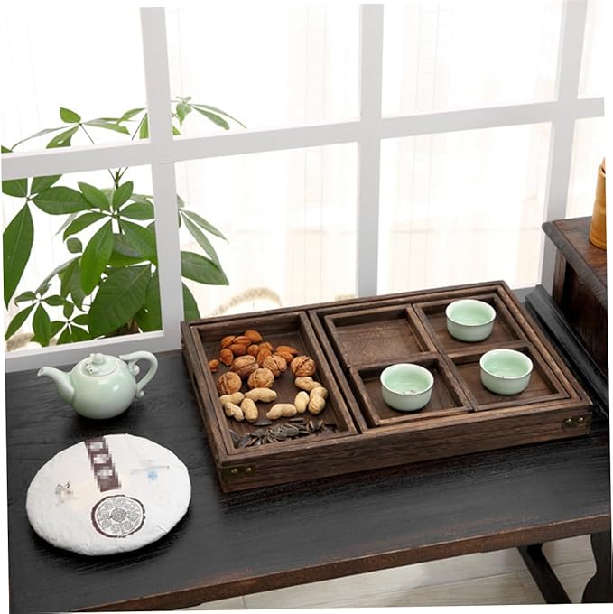 Cabilock 1Pc Retro Solid Wood Tea Tray Sturdy Rectangular Household Serving Tray for Fruits and Desserts Natural Design for Parties and Home Decor Black Brown Finish