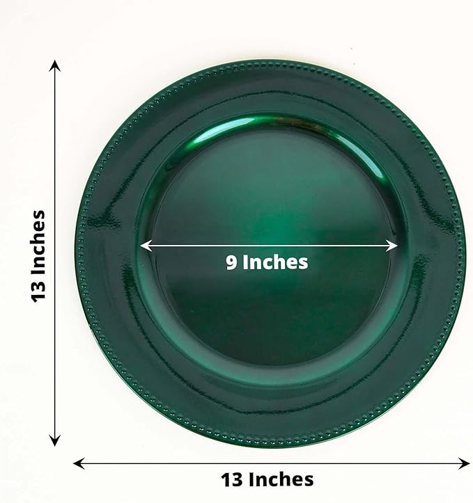 13" Charger Plates -Set of 12 - Acrylic Hunter Green Round Beaded Disposable Chargers, Ideal for Dinner Party Wedding Bulk Events Tabletop Decoration
