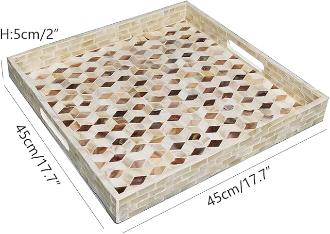 I-lan 18 Inch Mother of Pearl Square Serving Trays with Handles and 2”Wall, Large Brown Ottoman Tray with Rhombus Inlay Nacre, Decorative Lacquer Wooden Shell Tray for Food, Catering, Display,L
