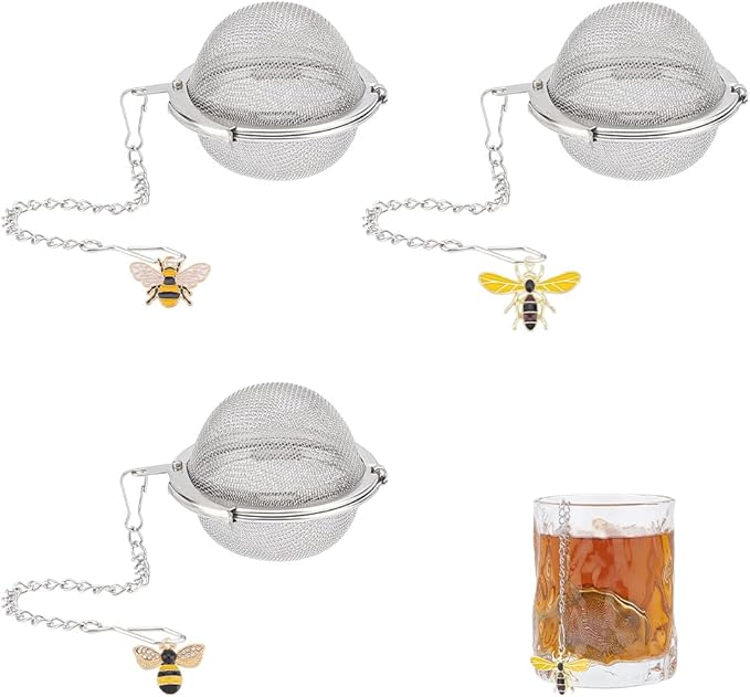 UNICRAFTALE 3 Set Round Loose Leaf Tea Ball Mesh Strainer with Alloy Enamel Pendants - Stainless Steel, Shaped like Bees