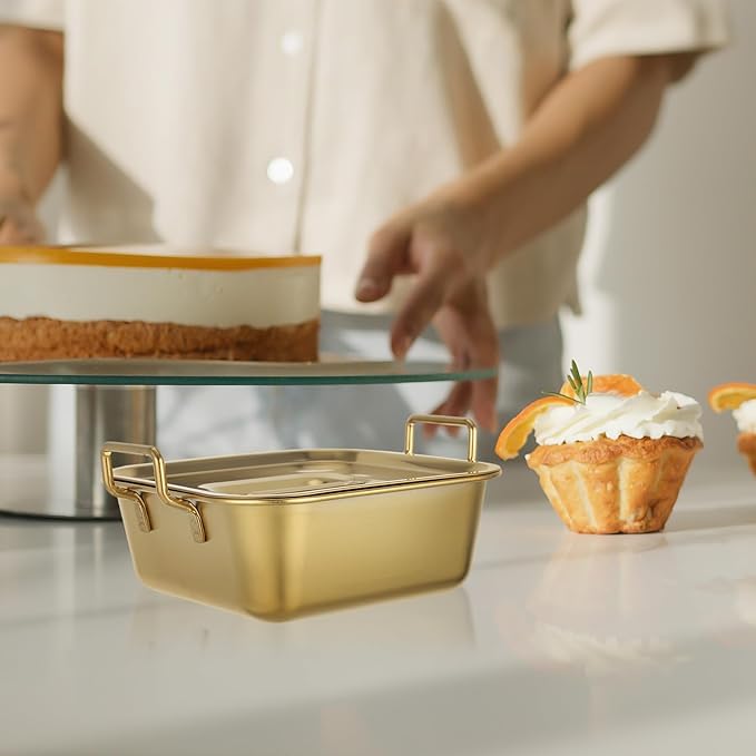 NUOBESTY Stainless Steel Square Snack Basket with Lid and Handles, Food Serving Tray for Fried Chicken, French Fries, Desserts, Party, Buffet, Kitchen (Golden)