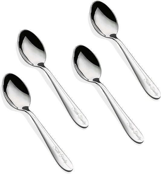 Personalized Teaspoons Set, 4-piece Custom Text Engraved Spoons Silverware, 18/0 Stainless Steel Dessert Spoons, Durable Small Spoon, 6.22 Inch Tea Spoon, Dishwasher Safe