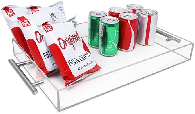 Isaac Jacobs Clear Acrylic Serving Tray (11x17) with Silver Metal Handles, Spill-Proof, Stackable Organizer, Food & Drinks Server, Indoors/Outdoors, Lucite Storage (11x17, Clear with Silver Handle)