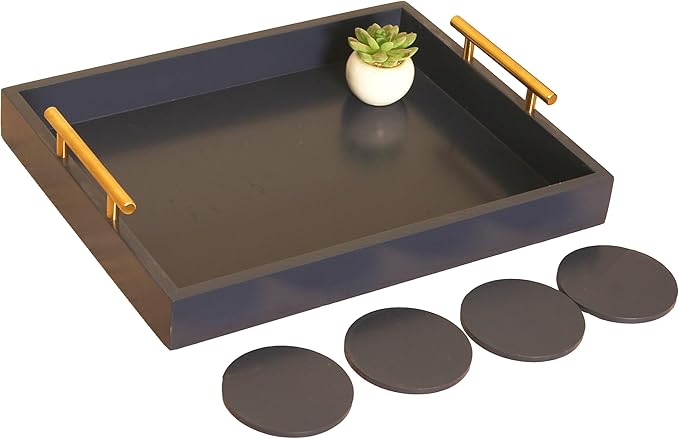 Decorative Tray with Polished Gold Metal Handles, Living Room Bathroom Coffee Bar Organizer Modern Tray for Decorative Accent Tray for Storage and Display (Sea Blue)