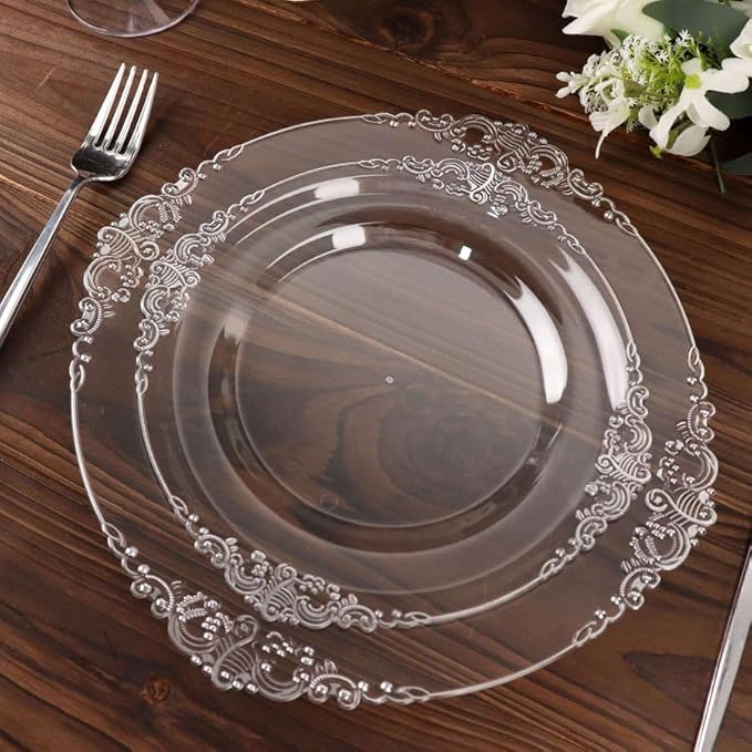 8" Salad Plates -Set of 10 - Plastic Clear Silver Round Baroque Disposable Dessert Appetizer Plate Leaf Embossed Rim, Ideal for Dinner Party Wedding Bulk Events