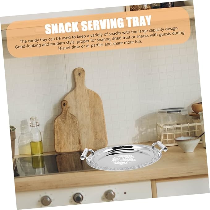 European Style Round Serving Tray Elegant Snack Plate for Fruits Desserts and Treats Multi-Functional Dish for Home and Events Silver Pattern Design