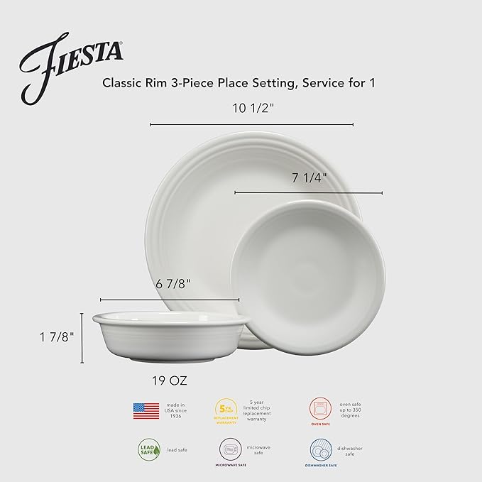 Fiesta® Classic Rim 3-Piece Dinnerware Set – Durable Ceramic, Lead-Safe, Dishwasher/Microwave/Oven Safe – Made in USA Dinnerware - Meadow