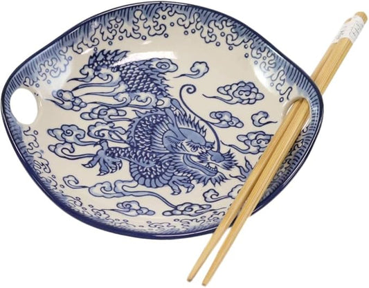 Ebros Blue White Ming Nine Dragons Dragon King Appetizer Snack Serving Coupe Plate Dish With Chopsticks And Built In Rest Set Small Flat Bowl For Hors D'oeuvres Sushi Ice Cream Serveware Plates