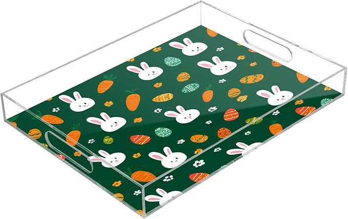 Serving Tray with Handles Clear Acrylic Tray 12x16 Inch Decorative Rectangular Tray Organizer for Ottoman Coffee Table Bathroom Deep Green Easter Rabbit Eggs Carrots