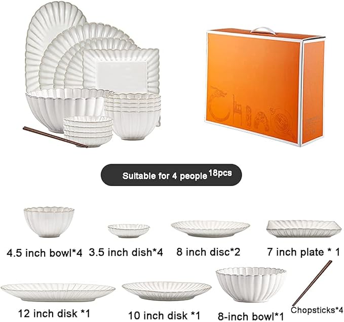 26 Pcs Dinnerware Sets, Porcelain Tableware Set with Plates and Bowls, White Ceramic Dinner Set for Home Kitchen and Dinning, Microwave and Dishwasher Safe, Service for 4,White-18pcs