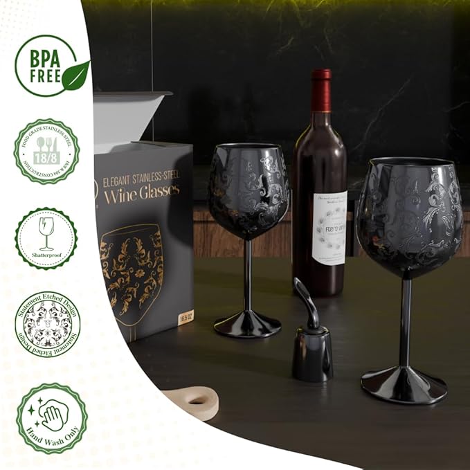 17oz Stainless Steel Wine Glasses [Set of 2] – Black Royal Goblets with Intricate Baroque Engravings, Unbreakable and Shatterproof Wine Cups with Bottle Stopper Ideal for Mother's Day Gift