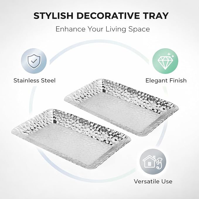Stainless Steel Towel Tray Rectangular Serving Tray Silver 2PCS - Rustproof Durable Storage Organizer, Elegant Minimalist Design for Kitchen and Bathroom