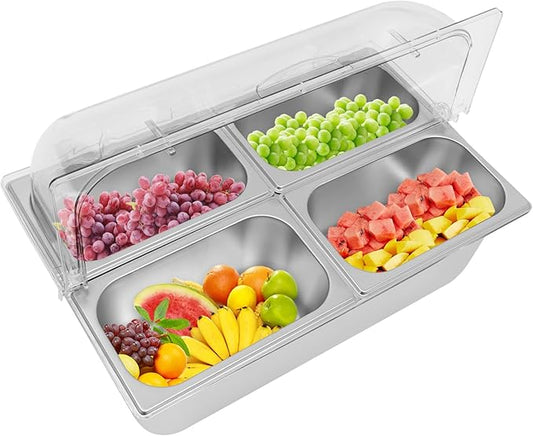 4 Pans Ice Food Serving Display Container w/Clear Roll Top Cover, Stainless Steel Serving Tray Catering Supplies Buffet Display Condiment Dispenser Plate Case for Restaurant Hotel Kitchen