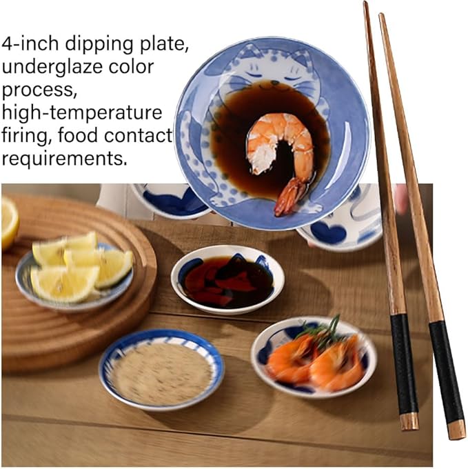 Cute Cat Soy Sauce Plate Set of 4, Japanese Ceramic Cat Bowls - Small 4 Inches Set for Appetizer, Dessert, Sushi - Serving Dish Set of 4