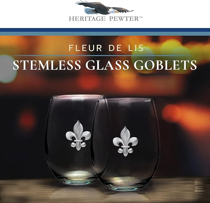 Heritage Pewter Fleur de Lis Stemless Glass Goblets – Set of 2 | 15 OZ Goblet Wine Glasses | Expertly Crafted Pewter Glass