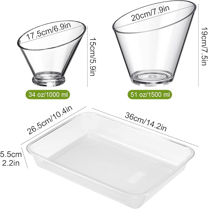 Rtteri 8 Pcs Acrylic Angled Salad Bowls and Serving Trays Set Includes 6 Pcs Large Plastic Clear Serving Bowls and 2 Pcs Rectangle Serving Platters for Party Snack Weddings