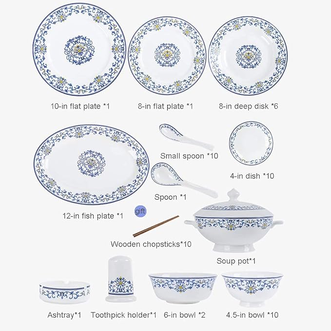 Ceramics Dinner Sets, 58 Pieces Dinnerware Set Blue and White Porcelain Style Bowl/Spoon/Plate - Family Party and Kitchen Restaurant