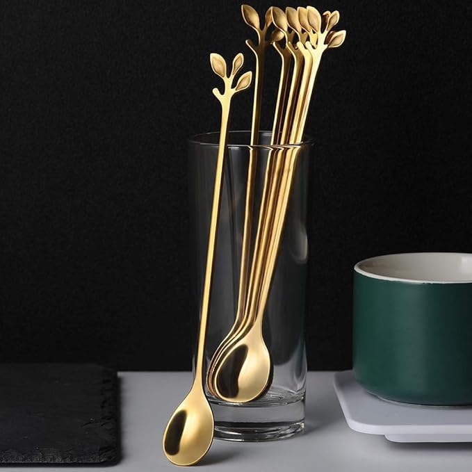 Long Handle Iced Tea Spoons Set of 12, Comicfs 7.6" Ice Cream Spoon, Creative Gold Leaf Cocktail Stirring Spoons, Premium Food Grade Stainless Steel, Mirror Finish & Dishwasher Safe (12 Pcs, Gold)