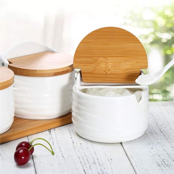 June Sky Sugar and Cream Set,Ceramic Sugar Containers with Lid and Spoon - Porcelain White Salt Boxes, Perfect for Kitchen Home,8.8 fl oz 260ML