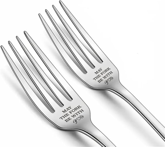 Engraved Ice Cream Spoon Gifts for Couple on Anniversary, 2 Pcs Personalized Coffee Spoon Stainless Steel, Couple Gifts for Him and Her on Valentines Day (Forks, MAY THE FORK BE WITH YOU)