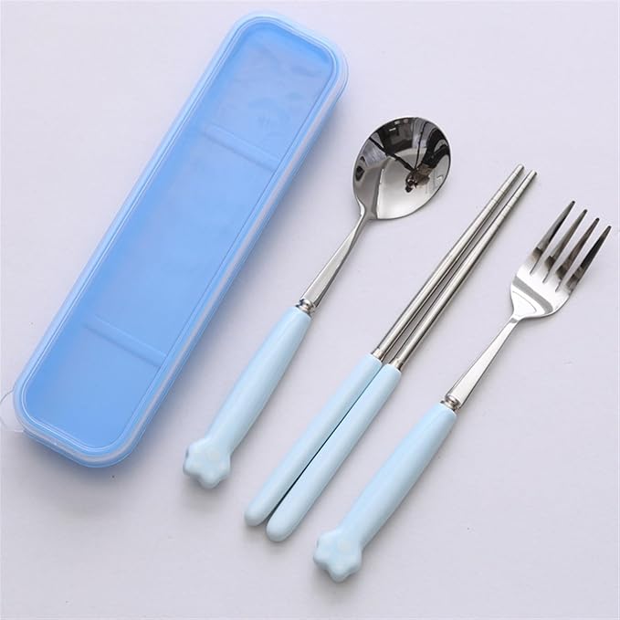 Cute Silverware Set, Cat Paw Ceramic Handle Dinnerware Set Flatware Kitchen Accessories Camping Travel Sets Fork Spoon Chopstick Portable Cutlery Sets with Case, Black Pink Blue Yellow Green