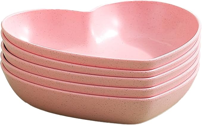 INCAUCA 5 Pack 6 Inch Heart Shape Mini Dipping Sauces Bowls, Unbreakable Wheat Straw Small Snack Dessert Dishes, Salad Plates for Sushi Side Dish Fruit Appetizer Cake, Pink