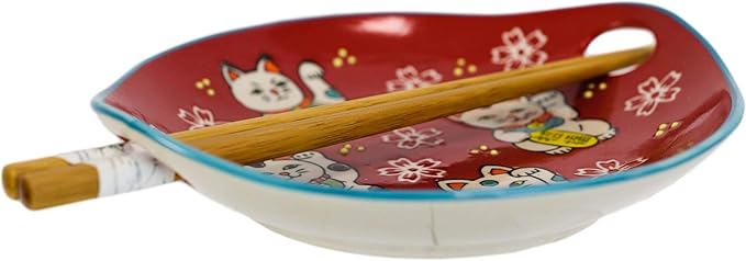Ebros Red Maneki Neko Lucky Cat Appetizer Snack Serving Coupe Plate Dish With Chopsticks And Built In Rest Set Small Flat Bowl For Hors D'oeuvres Sushi Ice Cream Serveware Plates (1)