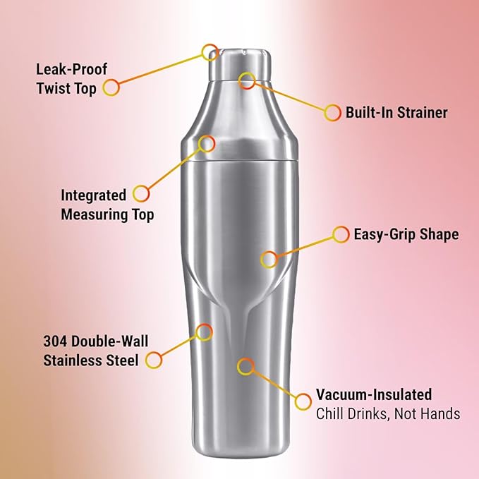Lexenic 24oz Personalized Double Wall Cocktail Shaker - Monogramm Initials Martini Shaker-Insulated Keep Drinks Chilled -No Stuck Twist Lid,Built-in Strainer - Premium Stainless Steel Drink Shaker -T