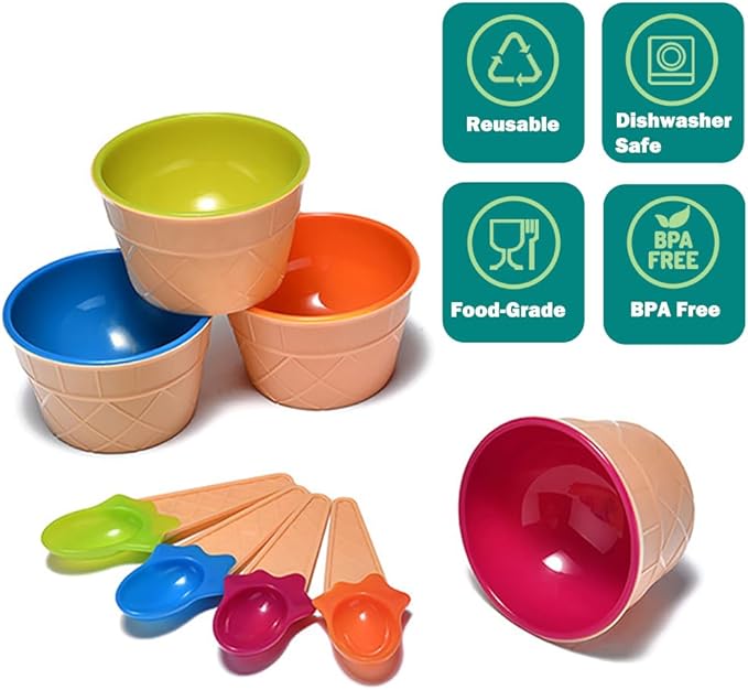 Tellshun Dessert Bowls, 4 Pack Ice Cream Bowl Spoon Set, Frozen Yogurt Cups with Spoons Durable Plastic Candy Color Lovely Dessert Bowl DIY Ice Cream Tools For Festive Party Favor Kids Gift