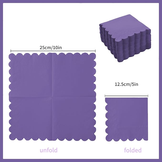 200 Pack Cocktail Napkin 2-Ply Scalloped Edged Dessert Napkins Folded 5 x 5 Inches Disposable Napkins for Dinner Wedding Birthday Party Bridal Anniversary Reception Event (Dark Purple)