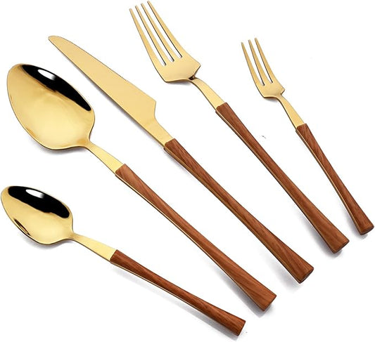 JASHII 30pcs Stainless Steel Imitation Wood Handle Cutlery Flatware Set,Tableware Knife Cake Fork Spoons Dinnerware Set Party Kitchen Silverware for 6, Mirror Polished - Brown&Gold