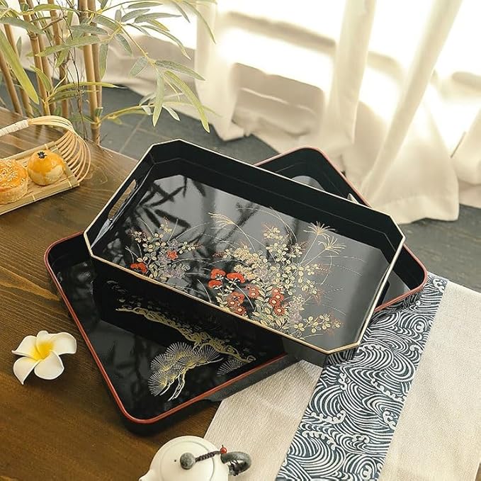 SABALON Foodtray Front Heavy Lacquerware Long Hand Tray Japanese Style Hand-Painted Fruit Wedding Housewarming Gift Tea Dining Serving(A)