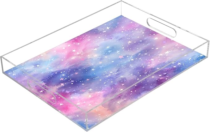 Serving Tray with Handles Clear Acrylic Tray 12x16 Inch Decorative Rectangular Tray Organizer for Ottoman Coffee Table Bathroom Tie Dye Dots and Stars