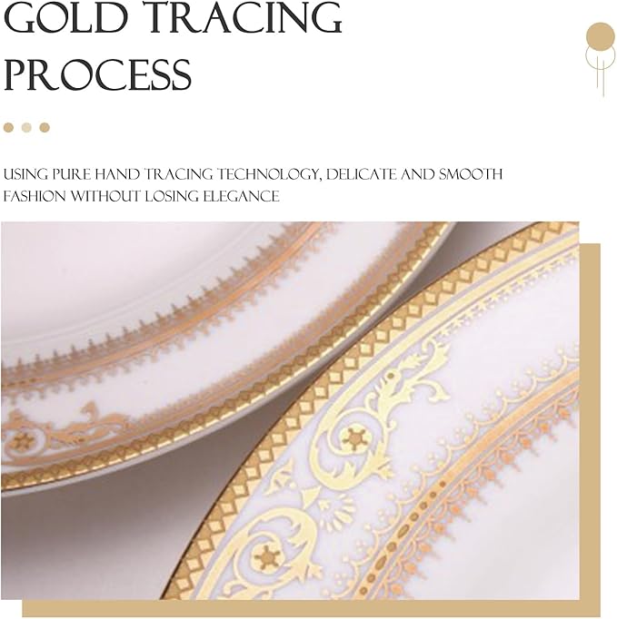 16 pieces bone china dishes set for 4, ceramic plate set with gold thread, elegant royal pattern dinnerware sets for wedding, housewarming, birthday