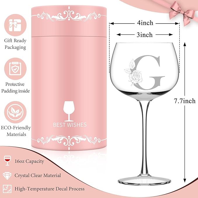 Personalized Gifts for Women, Monogrammed A-Z Wine Glass Customized Gift, Unique Christmas Birthday Gifts for Women Her Mom Friend Sister Wife Daughter Nurse (G)