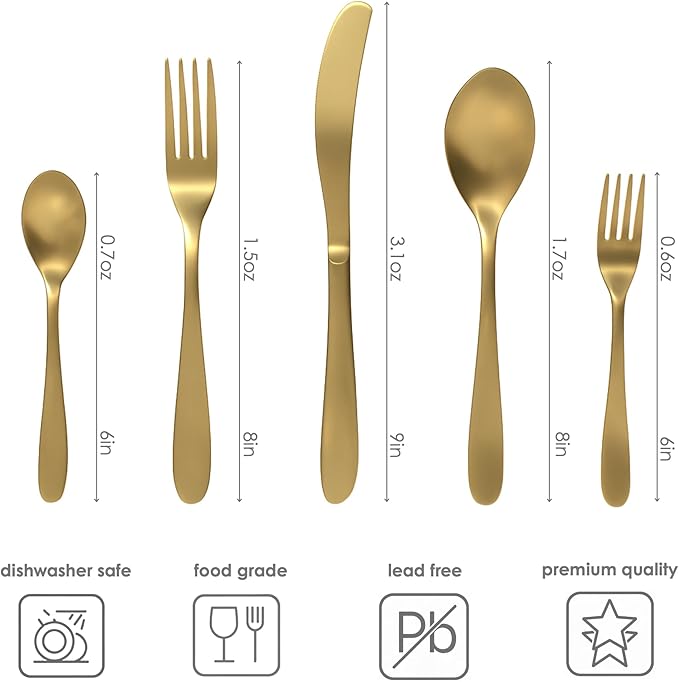 Windsor Silverware Set, 30 Piece Gold Flatware Premium Matte Stainless Steel, Service for 6, for Kitchen, Home, Wedding, Party, Dishwasher Safe
