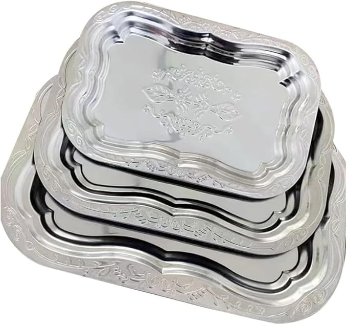 Silver Embossed Cutlery Serving Tray Set Of 3 Pieces Stainless Steel 30cm 35cm 40cm For Wedding Events Parties Large Gatherings Food Display Decorative Elegant