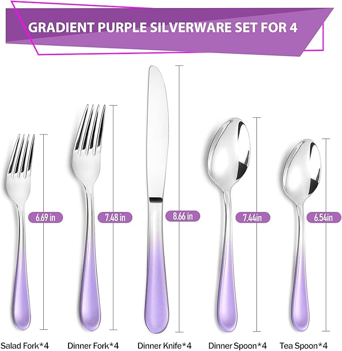 Gradient Purple Silverware set for 4,Stainless Steel Flatware Set,20 Piece Tableware Cutlery Set,Mirror Polished Utensils Sets for Kitchen,Reusable Dinnerware Sets Service for 4,Dishwasher Safe