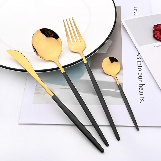 Mirror Cutlery Serving Set, 24-piece 18/0 Stainless Steel Silverware With Black Handle Simple & Modern Tableware For Home Party Restaurant Christmas Dinner, Service For 6 (Black Gold)