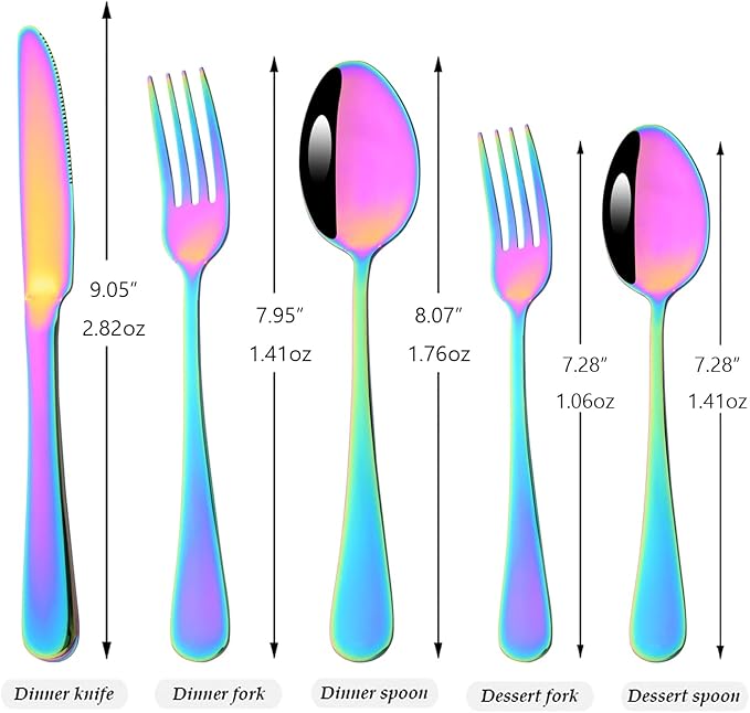 35-Piece Rainbow Flatware Set With Serving Set, 18/0 Stainless Steel Cutlery Set Service For 6, Mirror Polished, Dishwasher Safe