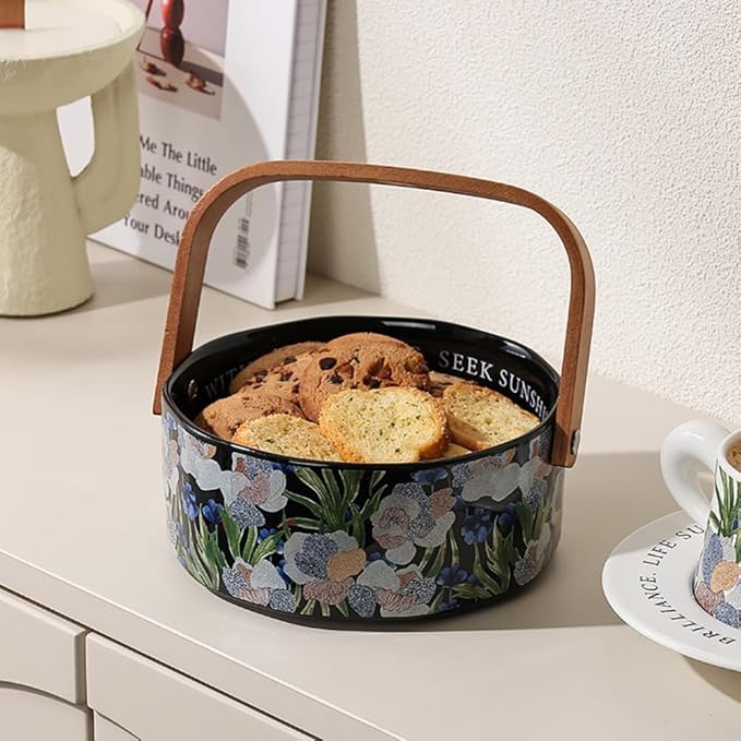Fruit Bowl Dessert Plate Handmade Flower and Bird Pattern Round Ceramic Tableware Set (Black - two pieces)