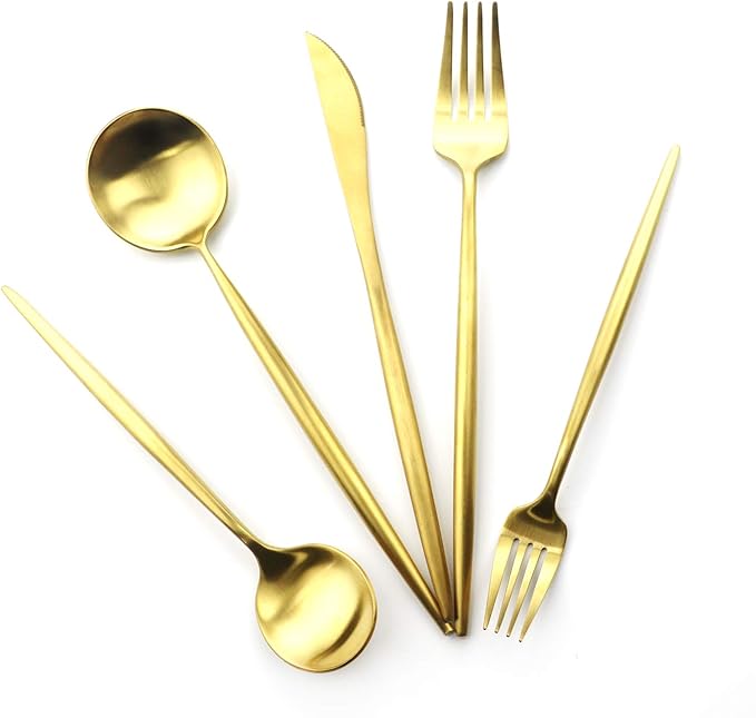 Gugrida 5 Pieces Matte Gold Handle 18/10 Stainless Steel Silverware Set, Flatware Set Titanium Cutlery Set, Utensils Set for Home Restaurant, Dishwasher Safe (Full Gold)
