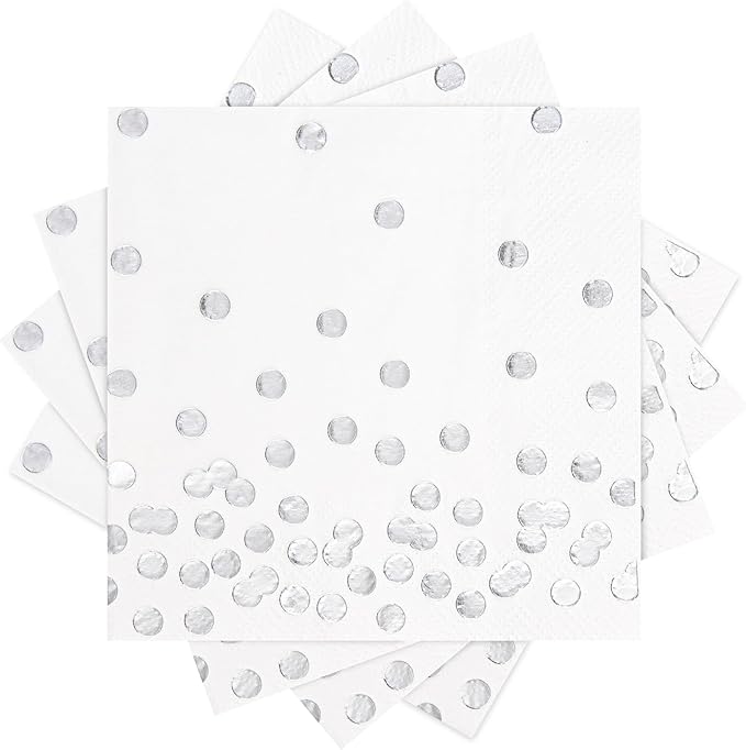 80 Pack of White Paper Cocktail Napkins with Gold Foil Polka Dot Confetti，Polka Dot Party Supplies(5 x 5 in，3-ply) (Silver)