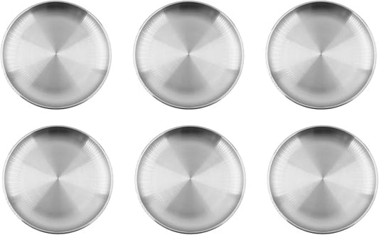 304 Stainless Steel Plates,Silver Round Dinner Dishes,Feeding Serving Camping Plates,Reusable Dinner Plates,Durable Metal Plates, Double Walled Plates for Picnic BBQ Steak 6PCS, 14cm/5.51''