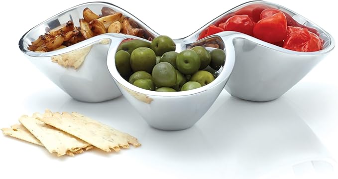 nambe Bella Triple Condiment Server | 3 Part Divided Serving Tray for Condiments, Dips, Appetizers, and Snacks | Made of Metal Alloy | Designed by Steve Cozzolino