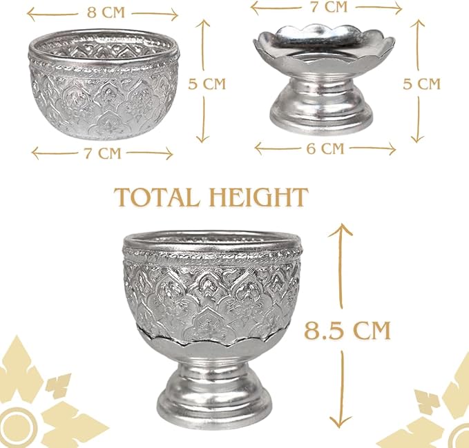 Thai Buddhism Bowl & Tray with Embossed Patterns, Silver Aluminum, Vintage Collection (8 CM)