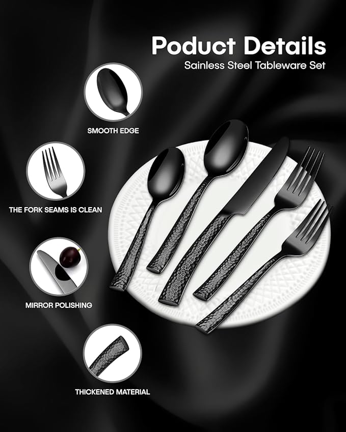 EUIRIO 40-Piece Black Hammered Silverware Set, Stainless Steel Black Flatware for 8, Mirror Polished Tableware Cutlery Set for Home and Hotel, Includes Forks, Spoons and Knives, Dishwasher Safe