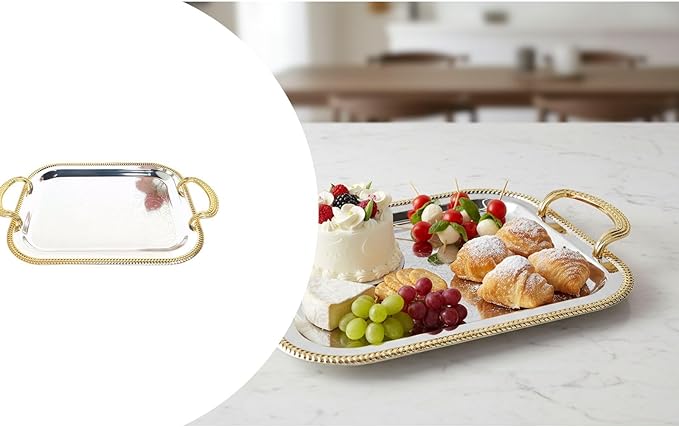 Rectangular Serving Tray in Silver with Gold Trim, Large Metal Serving Tray with Handles for Parties, European Style Tray for Food and Drink Service
