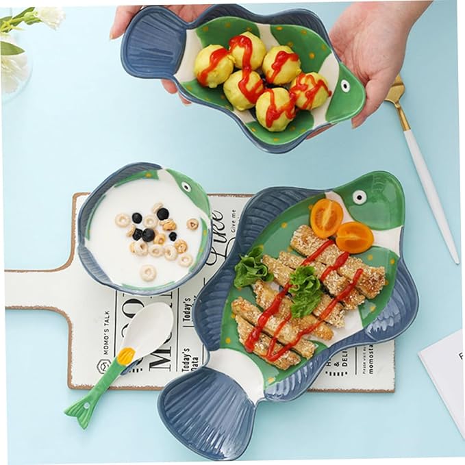 Amosfun Shark Plate Ceramic Serving Dish Set Hand-painted Creative Japanese Food Server for Boys and Girls Unique Fish-shaped Dinnerware for Home Use and Parties